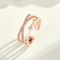 Elegant rose gold plated adjustable crossover ring with shimmering pavé set crystals - Double Layer Cross Style (68464) / Rose Gold