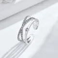 Sparkling adjustable silver cross-layer open ring featuring zircon stone accents - Double Layer Cross Style (68464) / Silver