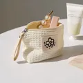 Borsa portaoggetti portatile in tessuto a nido d'ape color crema per cosmetici - Con Manico / 12.5x10.5x1cm / Bianco Sporco