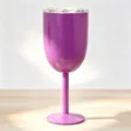 Close-up of a purple stainless steel insulated wine goblet with lid on a wood table - 10oz / Purple