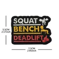 Gym fitness embroidered patch featuring Squat Bench Deadlift text and size markings - V01765-9 Fitness Series (squat With Black Border)