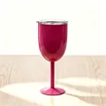 Magenta insulated stainless steel wine glass with clear lid on wood table - 10oz / Rose Red