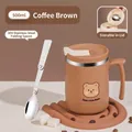 Taza de acero inoxidable 500ml color café con diseño de oso y cuchara - Con Cuchara Plegable / Café