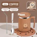 500ml coffee brown 304 stainless steel mug with straw, folding spoon and bear logo - With Spoon And Straw / Coffee
