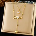 Elegant gold-plated stainless steel layered necklace featuring MOM and heart pendants - MOM Letter Heart (N3283)