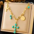 Retro gold-plated stainless steel necklace with turquoise cross pendants and charms - Cross Turquoise Medal (N3166)