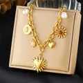 Vintage gold plated stainless steel necklace featuring sun, heart, and pearl charms - Vintage Heart Sun Beetle (N3317)