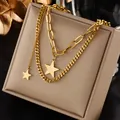 Layered gold-plated stainless steel star necklace with Good Luck engraving detail - Double Layer GoodLuck Star (N1698)