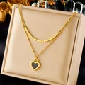 Elegant double-layered gold stainless steel necklace featuring a black heart pendant charm - Double Layer Heart Black Agate (N2470)
