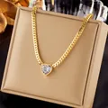 Elegant gold-plated stainless steel heart pendant necklace on a Cuban link chain - Cuban Chain Heart Zirconia (N2040)