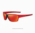 Close-up shot of red and black polarized outdoor sports sunglasses with orange mirror lenses. - Red Black Splatter Frame Red Mirror Lens (3081) / Splatter Painted/Polarized