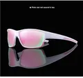 Detailed view of white sports sunglasses with pink mirrored lenses on black surface - White Frame Pink Mirror Lens (3081) / Minimalist/Polarized