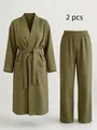 Olijfgroene 2-delige loungewear set van katoenen gaas met een badjas en een broek - Groene Set (Badjas+Broek)