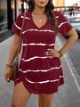 Woman wearing a maroon V-neck short-sleeved dress with white striped pattern outdoors - 1XL / Tops / Burgundy