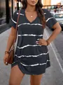 Elegant V-neck short sleeve plus size dress with white horizontal torn stripes - 1XL / Tops / Gray