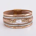 Bracciale multistrato in pelle oro champagne con chiusura magnetica e perla decorativa - Stile Perla Ovale Chiusura Magnetica (7) / Oro champagne