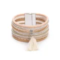Pulsera multicapa de cuero con cristales y borla en elegante color oro champán - Estilo Colgante Borla Cierre Magnético (8) / Blanco Roto