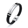 Close-up of braided leather bracelet with customizable stainless steel id plate - General Text Style / Black