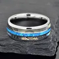 Silberner Edelstahlring mit blauem Opal-Inlay und schillernden Abalone-Muschelstreifen. - Größe 9 / Stahlfarbe