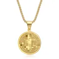 Gold stainless steel St. Benedict medal pendant necklace on a white background - Necklace And Pendant Set / Gold