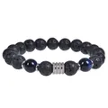 Detailansicht eines 10mm Lavastein und blauen Tigerauge Perlenarmband für Herren - Lavastein Elastisches Armband / 10mm Perlendurchmesser