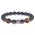Macro detail of 10mm obsidian and natural tiger eye stone beaded bracelet for men - Magnetic Stone Elastic Bracelet