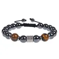 Macro detail of men's 10mm obsidian and tiger eye bead bracelet with stainless steel accent. - Magnetic Stone Woven Bracelet
