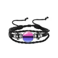 Close-up of layered woven leather bracelet with colorful striped glass center - Rainbow Pattern 2 (PN2637-9) / Black