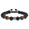 Herren 10mm Obsidian und Tigerauge Perlenarmband mit robustem Edelstahl-Akzent - Obsidian Gewebtes Armband (Verstellbar) / 10mm Perlendurchmesser
