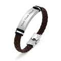 Customizable brown braided leather bracelet featuring a polished stainless steel plate - Brown Leather / Brown