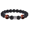Men's 10mm glossy black obsidian and natural tiger eye stone bracelet with stainless steel spacer - Red Tiger Eye Elastic Bracelet