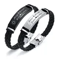Braided leather couple's bracelet with custom engraved stainless steel plates - Sun and Moon Design / Black