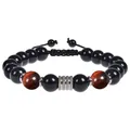 Adjustable 10mm black obsidian and tiger eye stone bead bracelet for men with metal accent - Red Tiger Eye Woven Bracelet