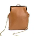 Elegante vintage bruine leren crossbodytas met kus-sluiting frame en gouden ketting - Aardgeel