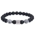 Men's 10mm matte black obsidian bracelet with grey marble beads and silver accents. - Matte Beads With Map Stone Bracelet
