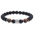 Men's 10mm black obsidian and tiger eye bead bracelet with stainless steel spacers - Obsidian With Yellow Tiger Eye Bracelet