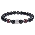 Men's 10mm obsidian and tiger eye stone stretch bracelet with stainless steel accent bead - Obsidian With Red Tiger Eye Bracelet