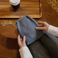 Premium genuine pebbled leather phone crossbody bag in blue-grey with gold chain strap - Denim Blue