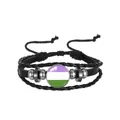 Adjustable multi-layer black braided leather bracelet with Genderqueer pride flag - Genderqueer Pattern (PN2637-7) / Black