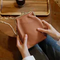 Compact brown top grain leather crossbody phone bag with elegant gold chain strap - Brown