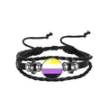 Adjustable multi-layer woven leather bracelet with non-binary pride flag glass cabochon - Non-binary (PN2637-8) / Black