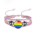 Pink multi-layer braided leather bracelet with LGBTQ rainbow flag glass charm - Rainbow Pattern (PN2637-1) / Pink