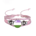 Multi-layer pink leather braided bracelet with purple white green flag glass charm - Genderqueer Pattern (PN2637-7) / Pink