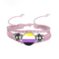 Adjustable pink braided leather bracelet with a non-binary pride flag glass charm - Non-binary (PN2637-8) / Pink