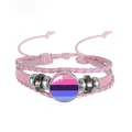 Pink multi-layer braided leather bracelet with genderfluid flag cabochon charm - Rainbow Pattern 2 (PN2637-9) / Pink