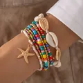 Ensemble de 7 bracelets bohèmes en perles avec pendentif étoile de mer et coquillages - Bracelet de Cheville/Bracelet / Lot de 7 / Coloré