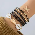 Boheemse 7-delige kralenarmbandenset met zeester- en schelphangers voor het strand - Enkelbandje/Armband / Set van 7 / Zwart