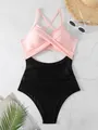 Maillot de bain une pièce rose et noir élégant avec un design ajouré croisé sexy - S / Haut Et Bas / Rose + Noir