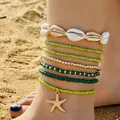 Bohemian kralen enkelbandjes set met zeester hanger en schelpen voor het zomerse strand - Enkelbandje / Set van 7 / Groen