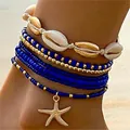 Boheemse kralen enkelbandjes set met zeester hanger en kauri schelpen in blauw goud - Enkelbandje / Set van 7 / Donkerblauw